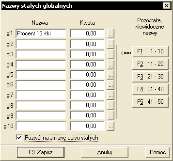 Rys. 226. Okno Nazwy stałych globalnych wpisywanie nazw i wartości stałych globalnych (menu Opcje Opcje płac [Stałe globalne]). c) Składniki wynagrodzeń (sk). W oknie Składniki wynagrodzenia (Rys.