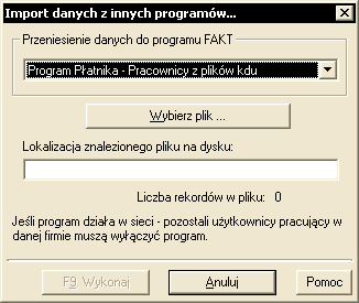 Rys. 13. Okno Import danych z innych programów. Sekcja Przeniesienie danych do programu Fakt zawiera listę rozwijaną z nazwami programów i opisem danych importowanych. Rys. 14.