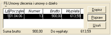 Rys. 240. Fragment okna Informacje o pracowniku - sekcja F6. Umowy zlecenia i umowy o dzieło. W sekcji tej widoczne są poszczególne umowy dla danej osoby. Dostępne są tu równieŝ 3 przyciski (Rys.