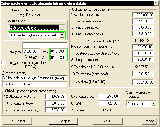 Rys. 241. Okno Informacje o umowie zleceniu lub umowie o dzieło edycja danych o umowie. 5.