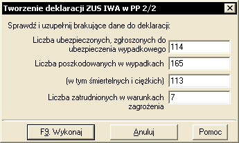 Aby przygotować deklaracje ZUS IWA naleŝy skorzystać z polecenia menu Zestawienia Pracownicy Deklaracja ZUS IWA. Na ekranie pojawi się okno Tworzenie deklaracji ZUS IWA w PP (1/2) (Rys. 260). Rys.