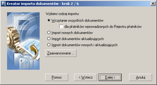 Rysunek 82. Okno dialogowe: Kreator importu dokumentów krok1/6 3. W nastkpnym oknie kreatora (patrz Rysunek 83) wybierz rodzaj importu Wczytanie wszystkich dokumentów i kliknij przycisk Dalej.