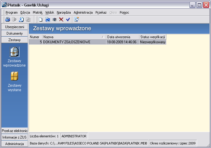 Rysunek 93. Obszar roboczy Zestawy wprowadzone 5.6.1 Utworzenie nowego zestawu dokumentów Funkcja umoliwia utworzenie nowego zestawu dokumentów.