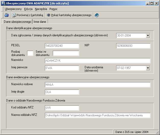 Rysunek 212. Okno z danymi ubezpieczonego z ZUS Adamczyk Ewa 5.15.3 