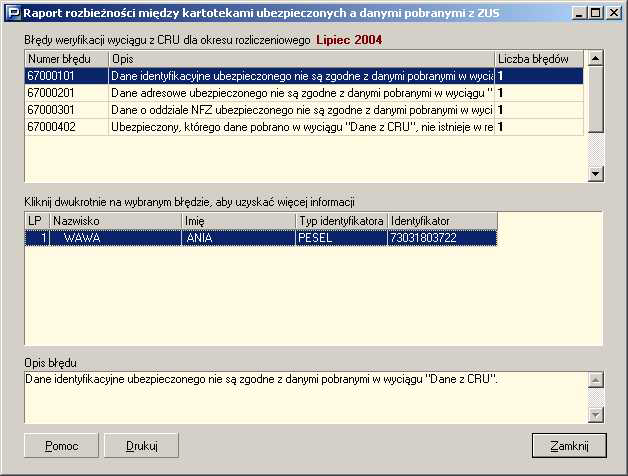 Rysunek 214. Okno dialogowe: Raport rozbieno"ci danych mikdzy kartotekami ubezpieczonych a danymi pobranymi z ZUS 5.15.3.