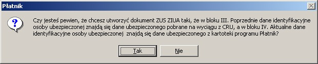 Tworzenie dokumentu ZUS ZIUA na podstawie danych z CRU jest dostkpne we wszystkich miejscach wywoywania okna Porównanie danych w kartotece ubezpieczonego z danymi uzyskanymi z ZUS : z poziomu