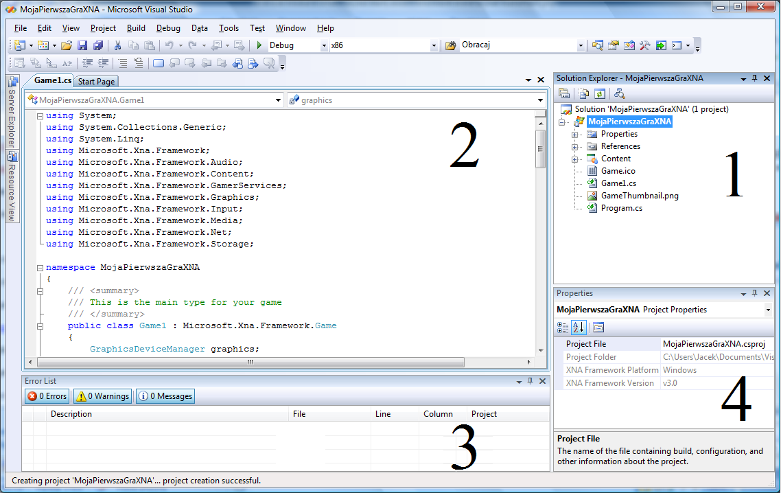 Rysunek 1. Wybór projektu Po chwili Visual Studio stworzy projekt składający się z kilku plików. Wszystkie one przedstawione zostaną w podoknie o nazwie Solution Explorer (numer 1 na rysunku poniżej).