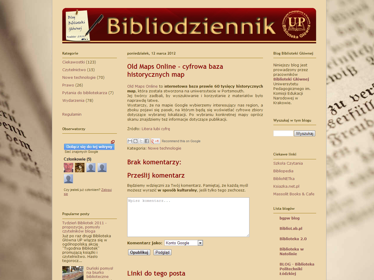 Rys. 1. Post Old Map Online Bibliodziennik http://bibliodziennikbgup.blogspot.com/2012/03/old-maps-online-cyfrowa-baza.html [15.07.