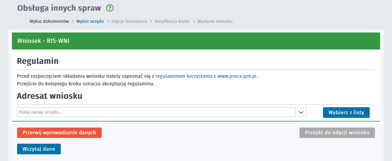 Wstep KRAZ-ZZD Do Rejestru Agredytacji EURES: EURES-WNI EURES-WYK Po wybraniu odpowiedniego wniosku system przenosi uzytkownika do modułu praca.gov.