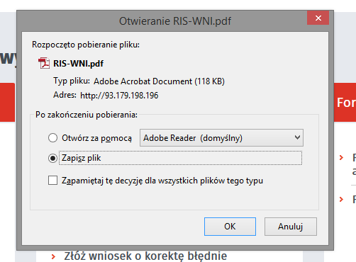 Rejestr Instytucji Szkoleniowych system wyswietla okno dialogowe, by uzytkownik mial mozliwosc otwarcia lub zapisania