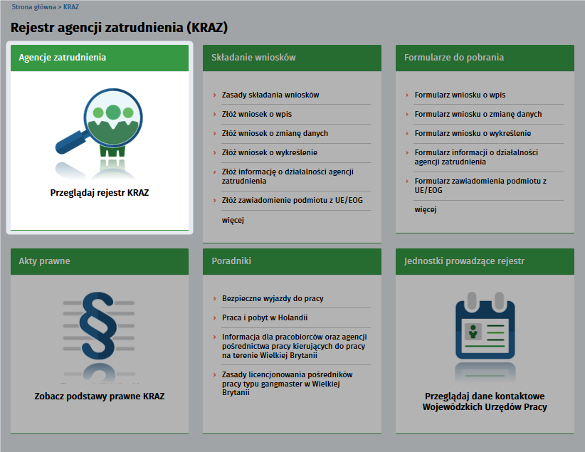 3.1.1 Rejestr Podmiotów Prowadzacych Agencje Zatrudnienia Przegladaj rejestr KRAZ Po wybraniu opcji