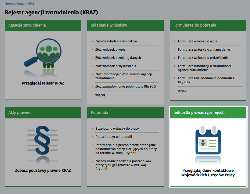 3.6.1 Rejestr Podmiotów Prowadzacych Agencje Zatrudnienia Przegladaj dane kontaktowe Wojewódzkich Urzedów Pracy Po