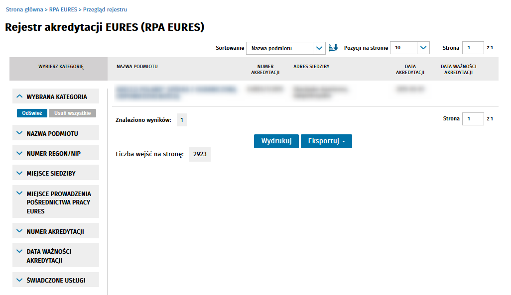 Rejestr akredytacji EURES Dane o podmiotach prezentowane na liscie: - nazwa podmiotu, - numer akredytacji, - adres siedziby podmiotu, - data