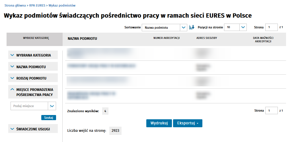 Rejestr akredytacji EURES System wyswietla liste podmiotów swiadczacych posrednictwo pracy w ramach sieci EURES w Polsce Dane o podmiotach prezentowane na liscie: - nazwa podmiotu,