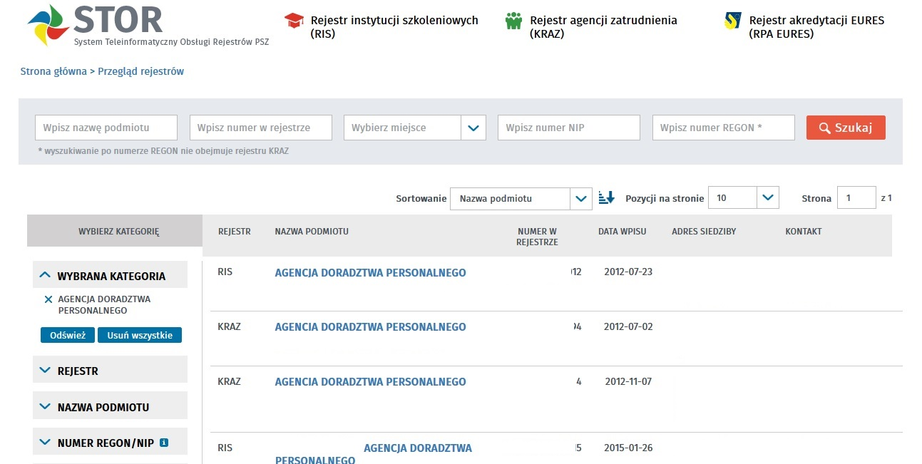 Wstep Lista zawiera informacje o rodzaju rejestru, nazwie podmiotu, numerze w rejestrze, dacie wpisu, adresie siedziby oraz danych kontaktowych podmiotu. 1.