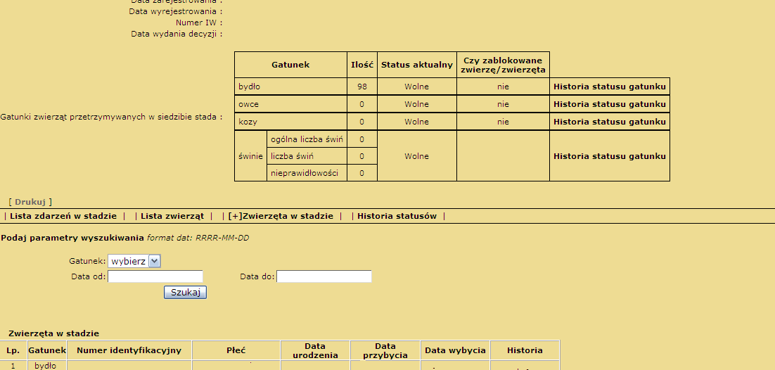 Funkcja umożliwia wyświetlenie zwierząt znakowanych indywidualnie (Rysunek 16), które przebywały w danej siedzibie stada w okresie wskazanym przez użytkownika (Rysunek 17). Rysunek 16.
