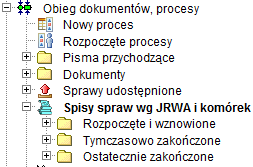2. Przygotowanie pisma wychodzącego F8WEB WDR - Integracja z epuap - Instrukcja Użytkownika 2.1. Zalogować się do systemu FINN 8 SQL WEB. 2.2. Uruchomić z drzewa manu w lewej części ekranu polecenie Obieg dokumentów, procesy Spisy spraw wg JRWA i komórek (wydziałów) Rozpoczęte i wznowione.