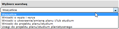 d) pole daty umożliwia wpisanie przedziału czasowego między dniami, miesiącami, latami lub wybranie ich z rozwijanego kalendarza e) pole wyboru warstwy umożliwia wybranie warstwy na której ma być