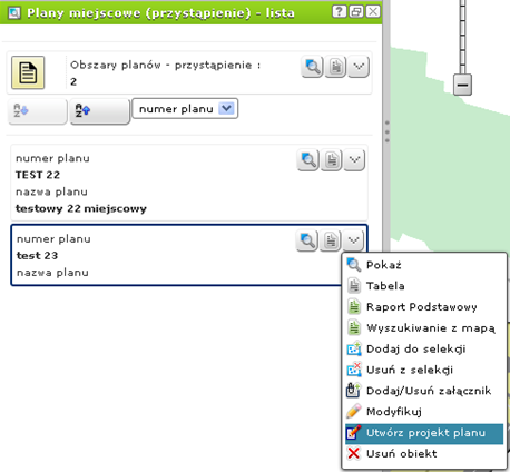b) Plany miejscowe (przystąpienie) lista narzędzie umożliwiające wyszukanie obszaru, dla którego Gmina ma zamiar przystąpić do sporządzenia planu, a następnie za pomocą akcji dla wyszukanego obiektu