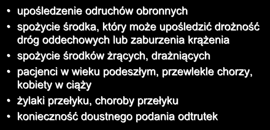 PROWOKOWANE WYMIOTY - przeciwwskazania upośledzenie odruchów obronnych spożycie środka, który może upośledzić drożność dróg oddechowych lub zaburzenia krążenia