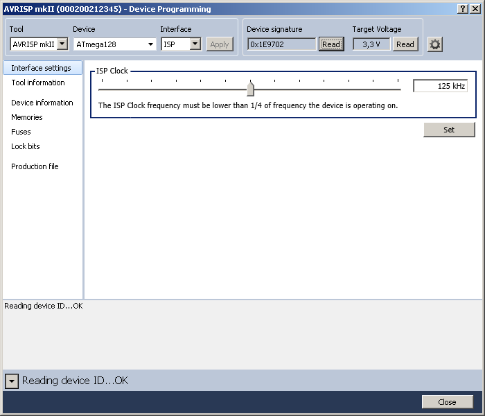 Po naciśnięciu Apply programator powinien zostać rozpoznany i wyświetlona zostanie pierwsza zakładka Interface settings z odczytaną prędkością zegara ISP.