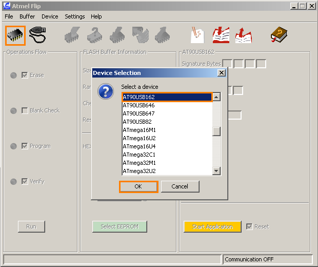 W programie należy wybrać urządzenie do zaprogramowania - 'Atmel Flip Device -> Select' (można