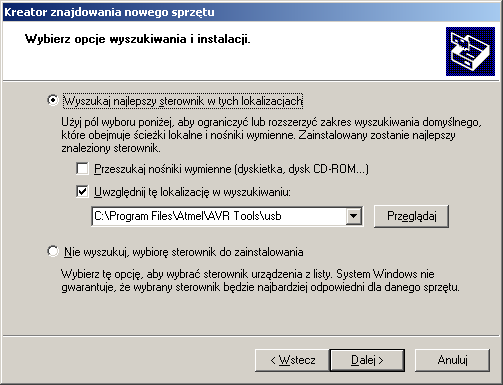 W następnym oknie instalatora należy wybrać opcję 'Zainstaluj z listy lub określonej