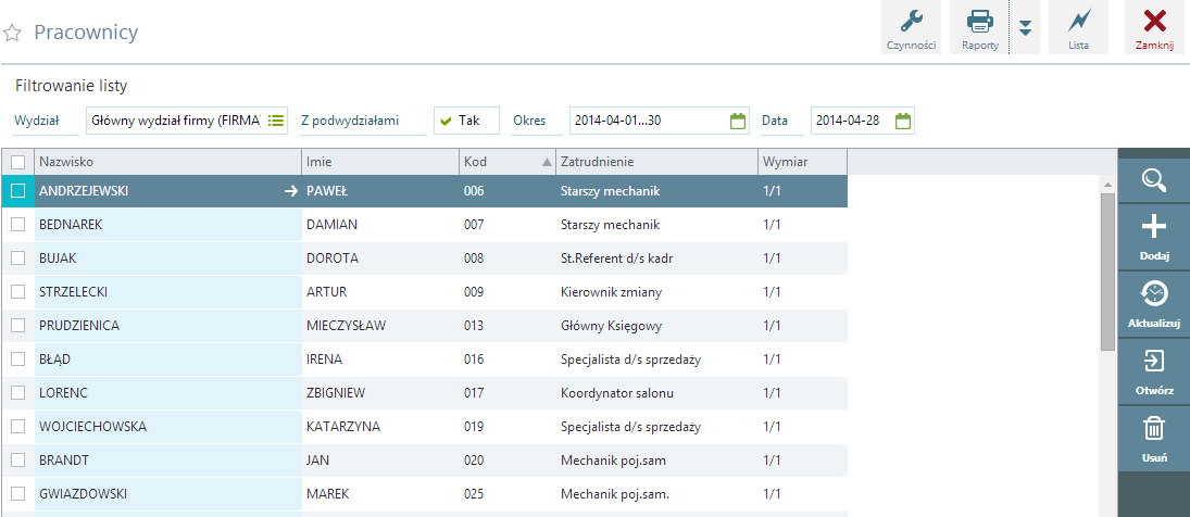 Zawartość tego menu zależna jest od: wybranego modułu praw operatora w zależności od uprawnień nadanych użytkownikowi przez administratora, może on posiadać dostęp tylko do wybranych funkcji w każdym