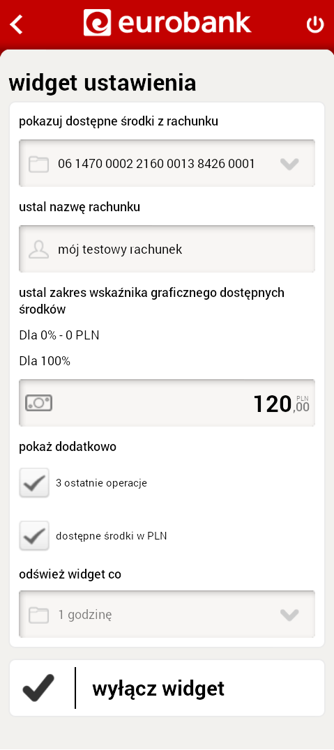 Na wyświetlonej formatce wprowadź / wybierz następujące dane: rachunek, którego dane będą prezentowane nazwę rachunku (opcjonalnie) określ kwotę na rachunku, która będzie oznaczała wartość 100%