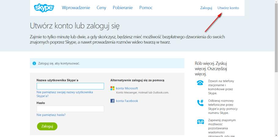 Ponieważ nie posiadamy jeszcze konta Skype i nie możemy się zalogować, na kolejnym ekranie klikniemy w prawym, górnym rogu na przycisk Utwórz konto.