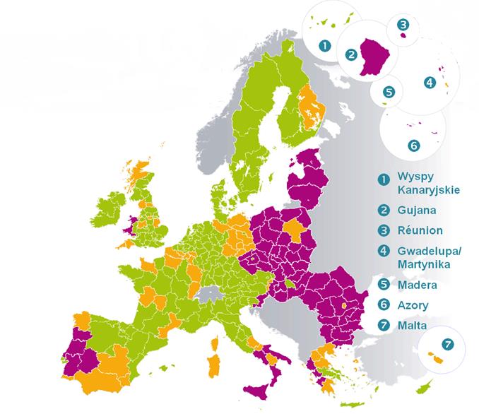 KWALIFIKACJA REGIONÓW Środki na cel Inwestycje na rzecz wzrostu gospodarczego i zatrudnienia zostają rozdzielone między następujące trzy kategorie regionów na poziomie NUTS 2: Regiony mniej