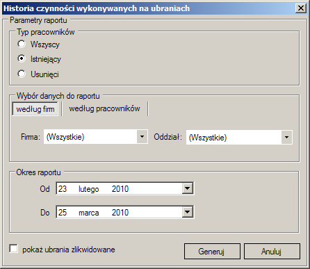 Alfa-Net Communication. System Ozon v. 1.0. Podręcznik uŝytkownika str. 35 Rozdział 5:Raporty 5.3 Historia ubrań Raport pozwala na wyświetlenie historii operacji wykonywanych na ubraniach.