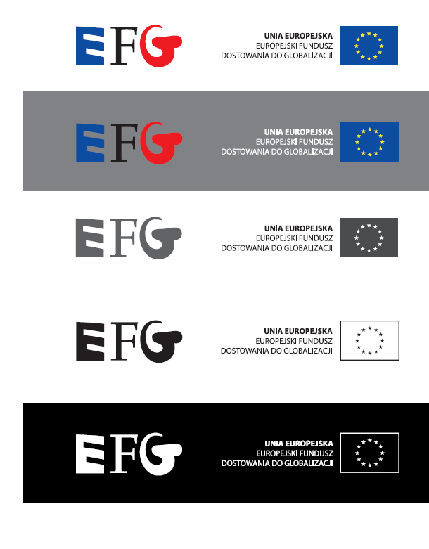 Zestawienia logotypów W zestawieniach z innymi logotypami, logo EFG znajduje się zawsze z lewej strony (zaczyna ciąg znaków), znak Unii