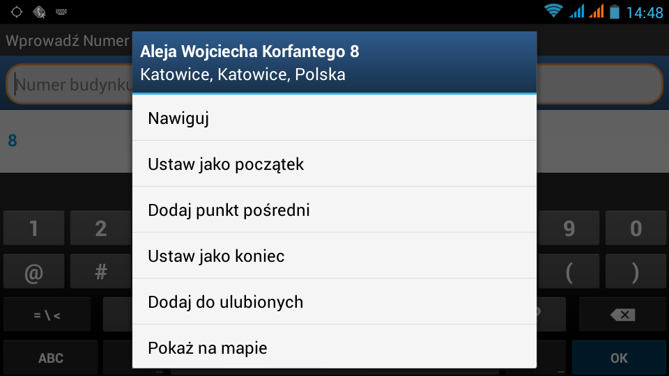 Na wyświetlonym ekranie, za pomocą górnej belki, możemy wybrać cel trasy podając adres, wybrać adres z map Google, wybrać go z listy punktów POI czy też podać konkretne współrzędne geograficzne.