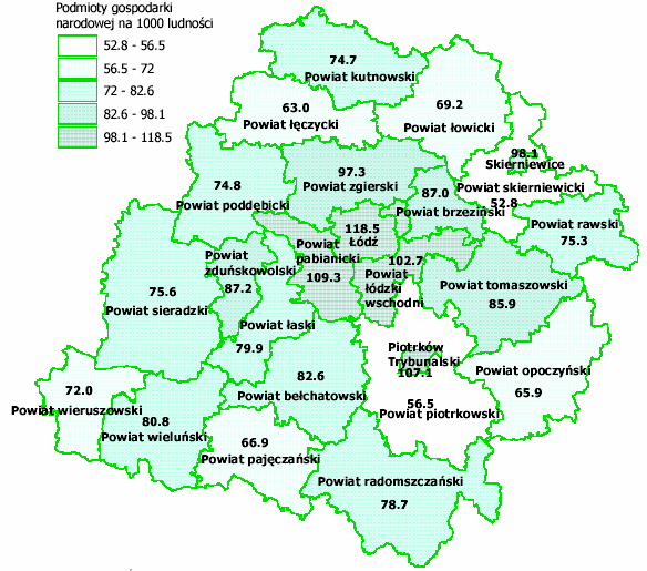 Przestrzenne rozmieszczenie wskaźnika przedsiębiorczości w województwie łódzkim w 2003r. Źródło: Diagnoza Województwa Łódzkiego, Łódź 2005.