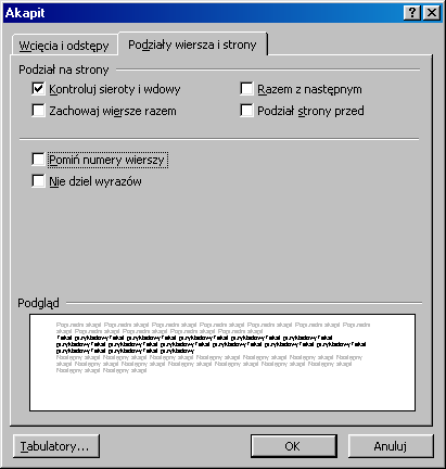 Sterowanie podziałami akapitów między stronami Kiedy tekst dochodzi do końca strony, jest on automatycznie przenoszony na górę strony następnej.