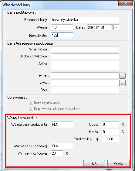 7 żądanie potwierdzenia usunięcia płytki z bazy użytkownika - Ustawianie walut i przeliczników - otwiera okno Właściwości bazy, w którym można zmienić rodzaj waluty (ceny producenta i ceny końcowej),
