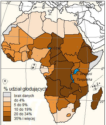 Zadania 25. i 26. wykonaj korzystając z mapy Afryki i własnych wiadomości. Źródło: opracowanie własne autora na podstawie Hunger Map 2011. Word Food Programme. Zadanie 25. (0-2p.