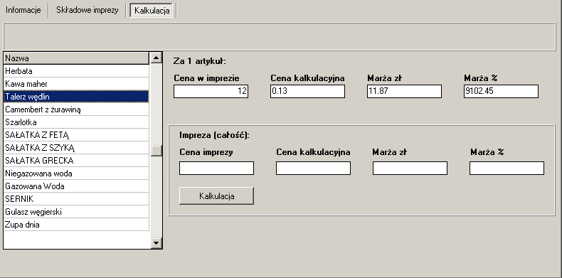 8.2.4. Kalkulacja imprezy Opcja kalkulacji składowych imprezy jest ściśle powiązana z recepturami i asortymentem wprowadzanym do programu NextPOS Magazyn.