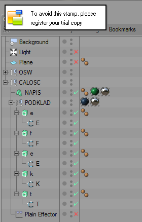 52. Okno robocze - B-Spliny podłączone hierarchicznie do Extrude Nurbs ów Teraz musimy dopasować wytłoczone litery do napisu