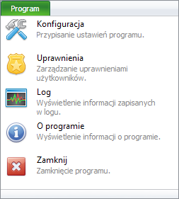 Z poziomu menu programu możemy uzyskać dostęp do narzędzi konfiguracyjnych programu oraz Logu.