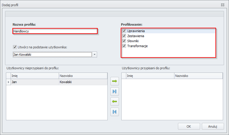 Użytkowanie programu definiowanie profili Zakładka Profile umożliwia stworzenie i zarządzanie profilami, do których możemy przyporządkować użytkowników.