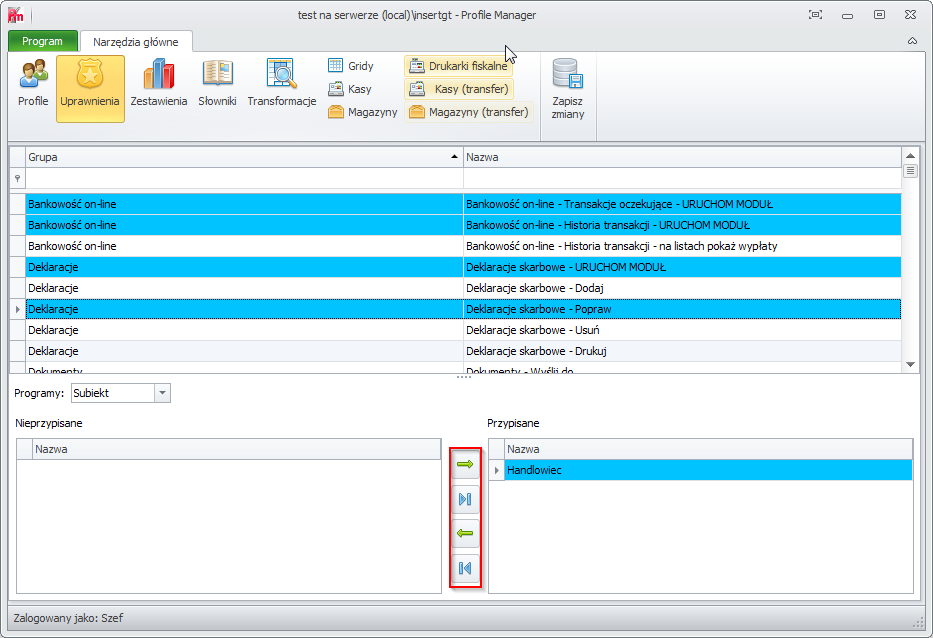 Zakładki: Uprawnienia, Zestawienia, Słowniki, Transformacje W zakładkach tych ustawienia dodawane bądź odbierane są przez nas wybranym profilom.