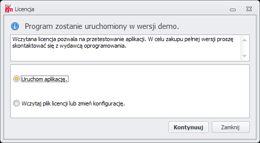 2. Instalacja pliku licencji Pojawienie się poniższego komunikatu świadczy o tym, że nie został aktywowany plik licencyjny. Program będzie pracował w wersji demonstracyjnej.