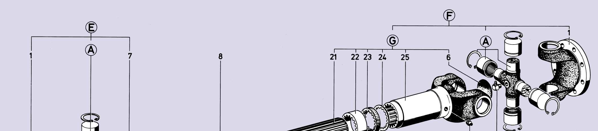 przegub z tuleją przesuwną, kompletny składający się z części 1, 6, 19, 21-25 i A G kompletna tuleja o zmiennej długości składająca się z części 6, 19, 21-25 Części pojedyncze: 1 kołnierz z widełkami