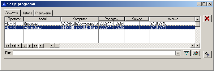 Rys. 1.4 Sesje programu, zakładka: Aktywne. W oknie znajdują się trzy zakładki, które wyświetlają informacje we wspólnych kolumnach: Operator. Wskazuje operatora systemu CDN XL. Moduł.