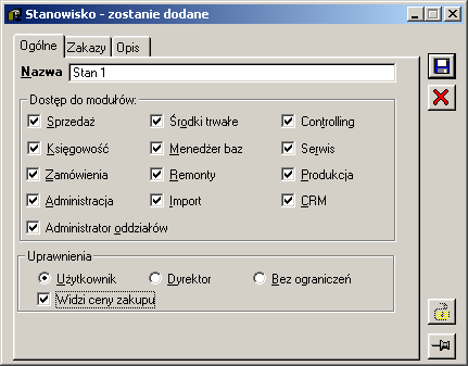 Rys. 1.16 Stanowisko, zakładka: Ogólne. 1.6.2.2 Stanowisko, zakładka: Zakazy Zakładka, słuŝy wprowadzeniu ewentualnych zakazów dla nowego stanowiska.