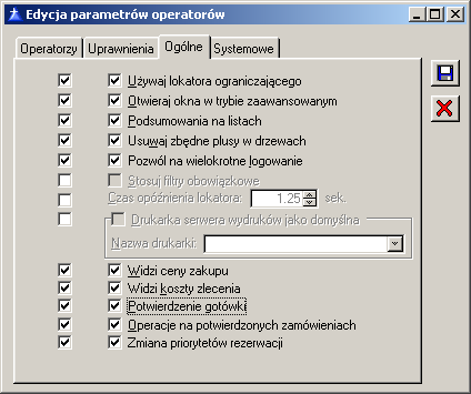 Rys. 1.21 Edycja parametrów operatorów, zakładka: Uprawnienia. Edycja parametrów operatorów, zakładka: Ogólne Na zakładce wyświetlane są ogólne parametry, które mogą zostać określone dla operatorów.