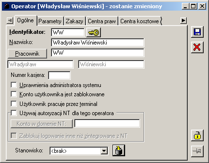 1.7.2 Operator Okno, słuŝy określeniu parametrów dla danego operatora. 1.7.2.1 Operator, zakładka: Ogólne Na zakładce znajdują się następujące pola i funkcje: Identyfikator - słuŝy określeniu identyfikatora operatora, Nazwisko - słuŝy wskazaniu nazwiska operatora.