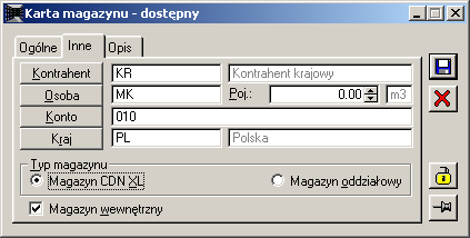 Nazwa. Pole umoŝliwia podanie nazwy magazynu. Miasto, ulica, kod, adres. Określają dane, związane z dokładną lokalizacją magazynu. Rys. 1.43 Karta magazynu, zakładka: Ogólne. Ostatnia inwentaryzacja.